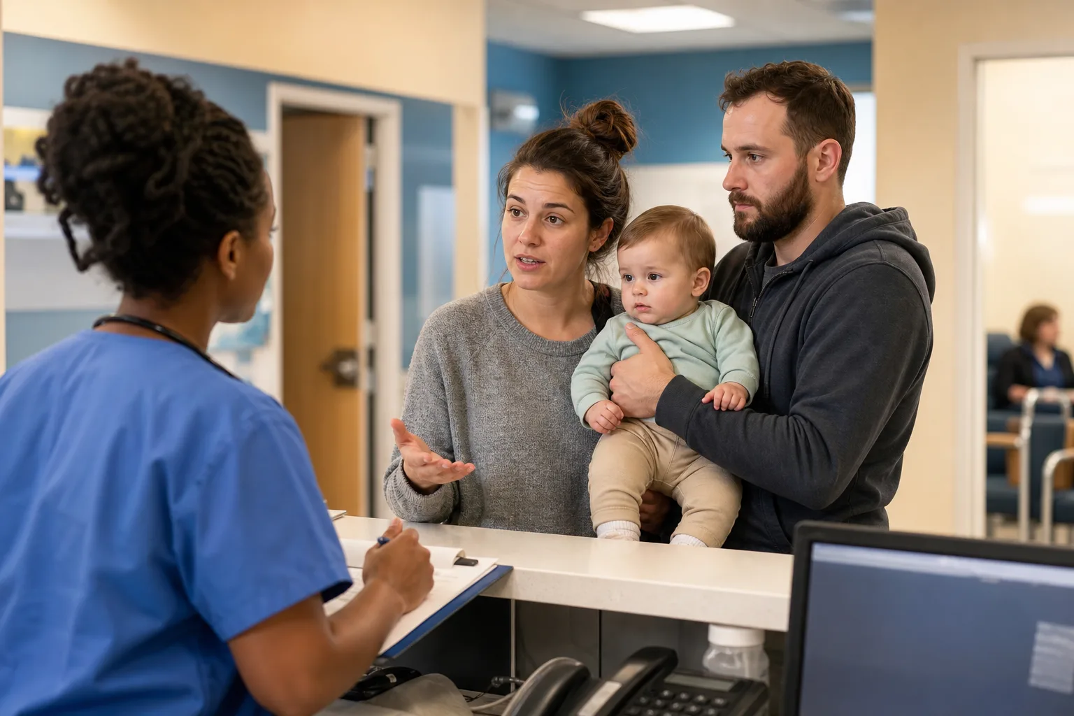 Adult caregivers discuss the baby's observed symptoms with a pediatric clinician in a realistic clinic