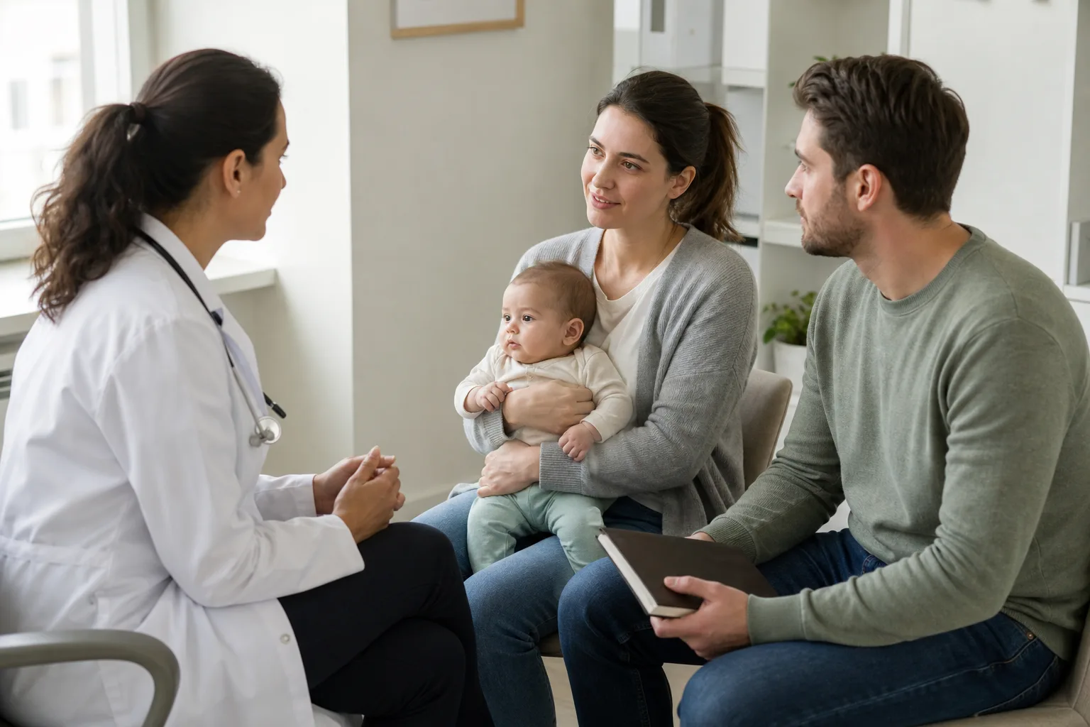 Adult caregivers discuss the baby's observed symptoms with a pediatric clinician in a realistic clinic