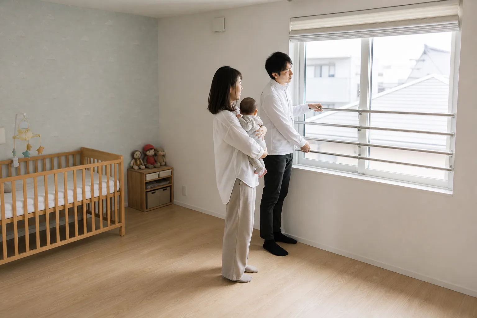 Photorealistic real-life scene with parents and a baby demonstrating when to start babyproofing
