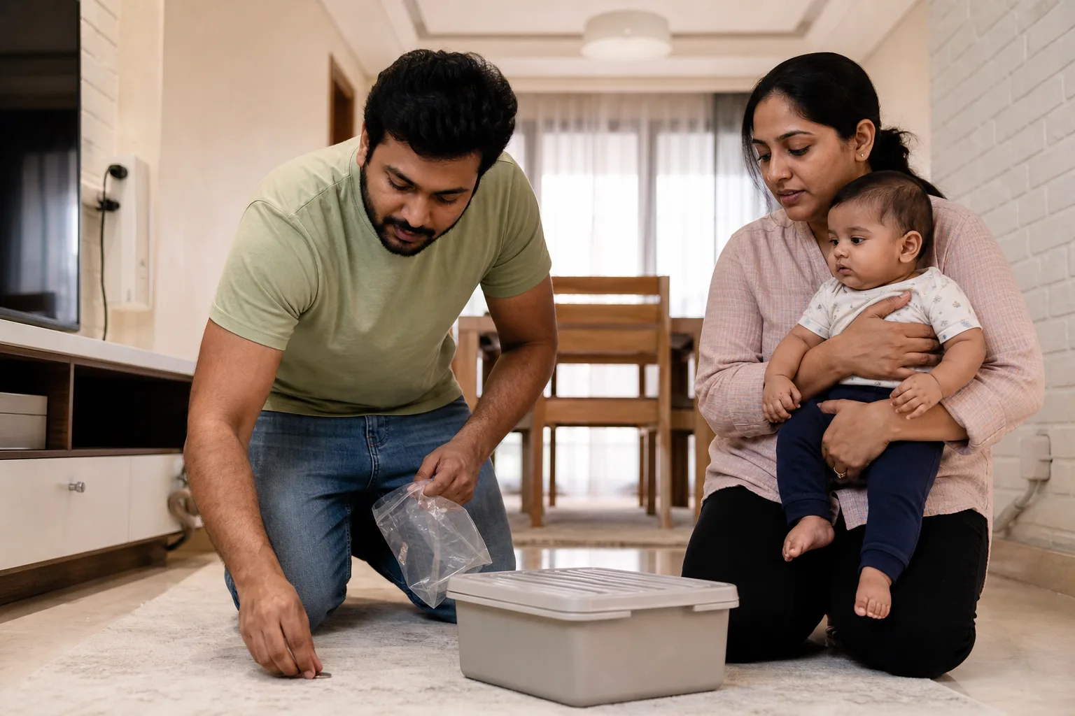 Photorealistic real-life scene with parents and a baby demonstrating babyproof before crawling guide
