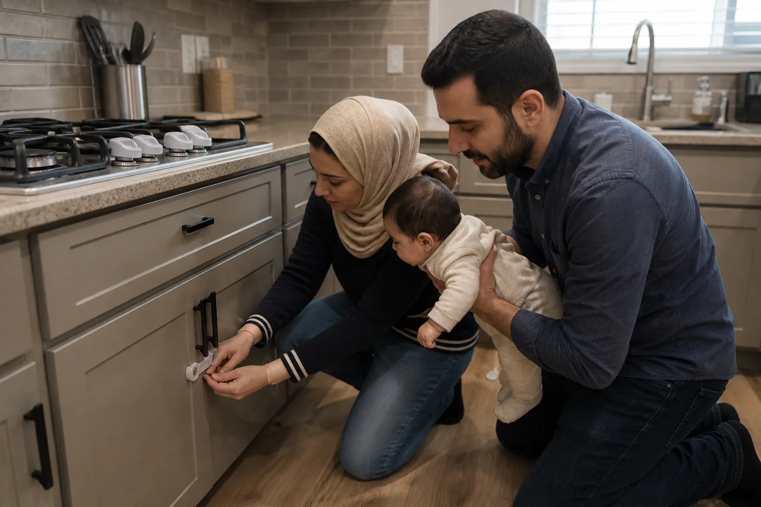 Photorealistic real-life scene with parents and a baby demonstrating room-by-room babyproofing check