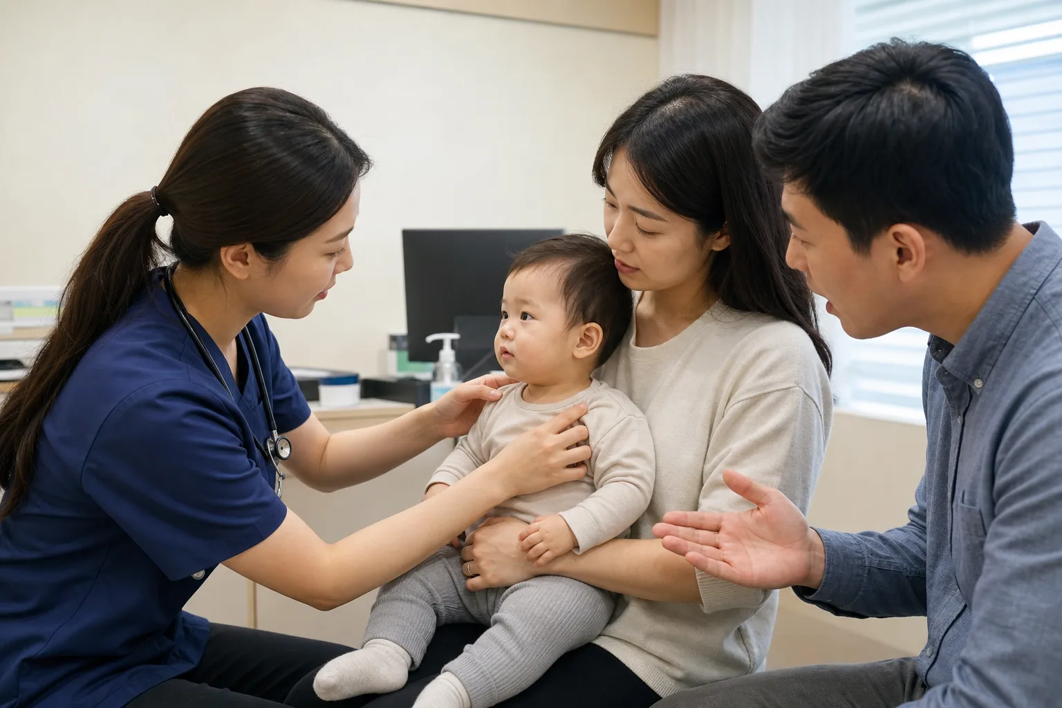 Photorealistic real-life scene with parents and a baby demonstrating after a home safety incident