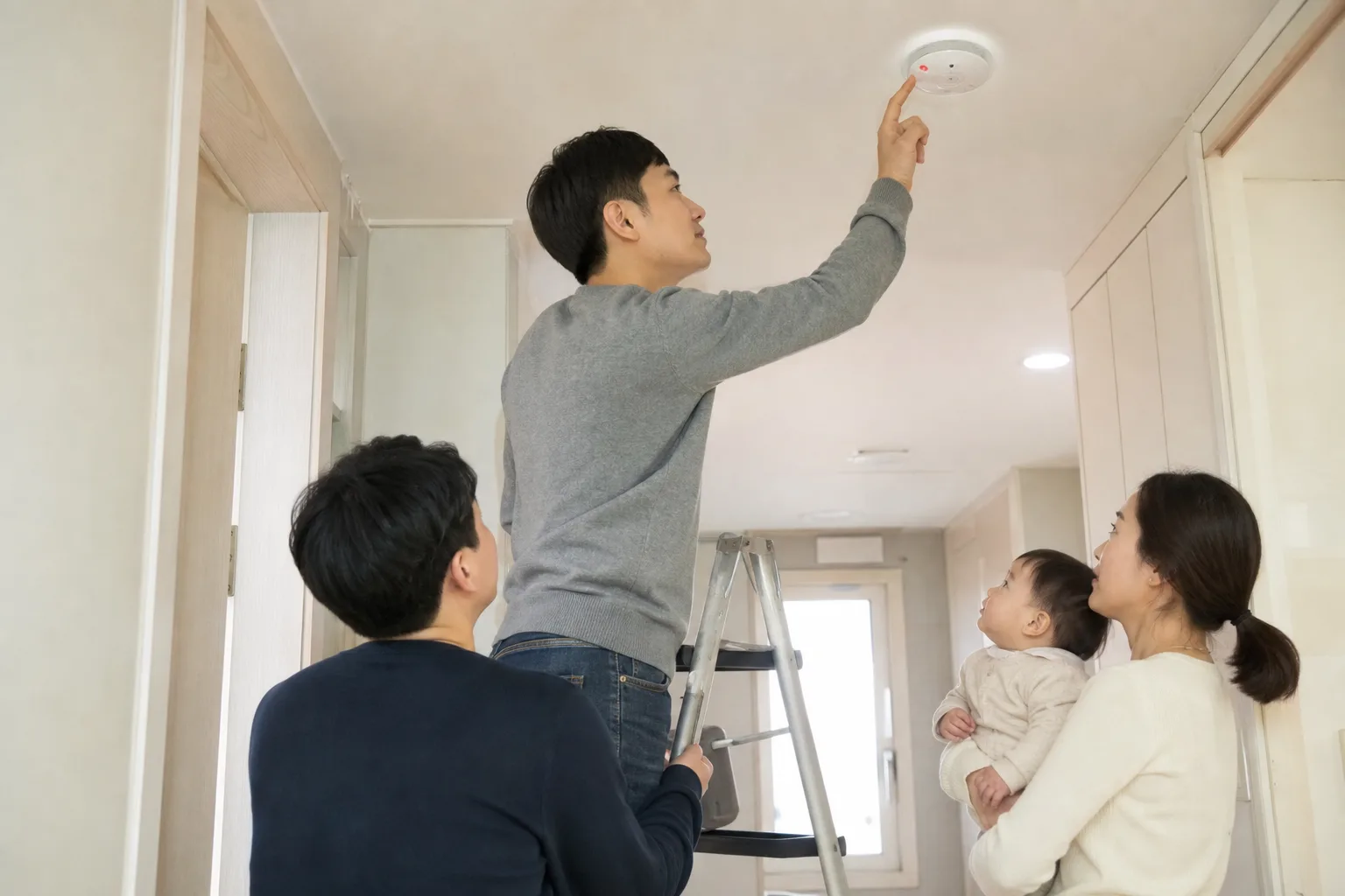 Photorealistic real-life scene with parents and a baby demonstrating secure furniture, stairs & windows