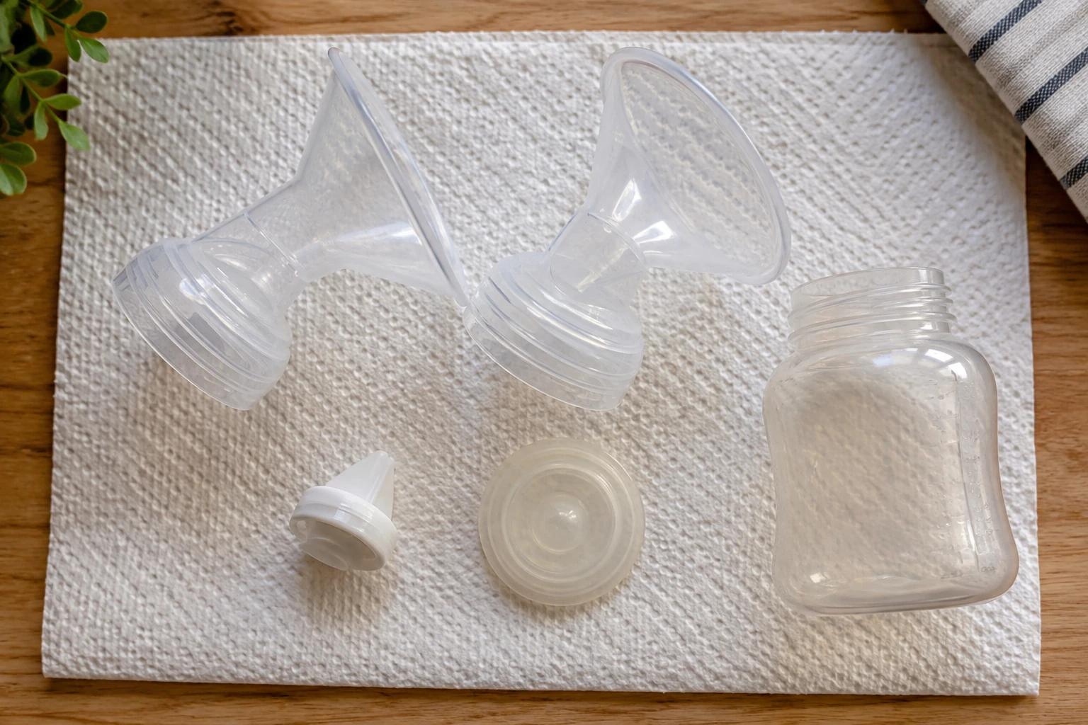 清潔な場所に分けて置いた母乳に触れる搾乳器の部品。