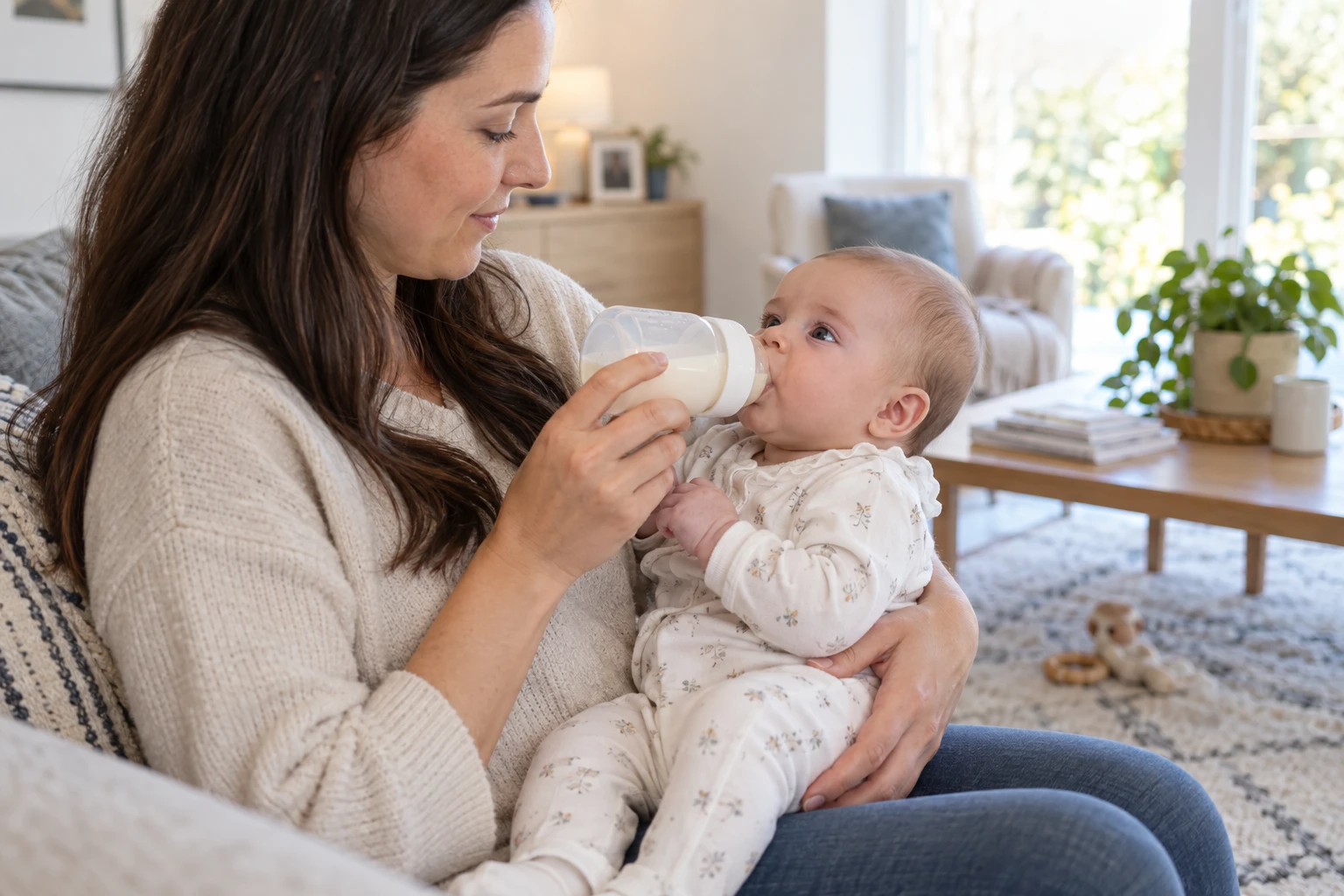 A caregiver holds an infant with the upper body raised and a bottle nearly horizontal.