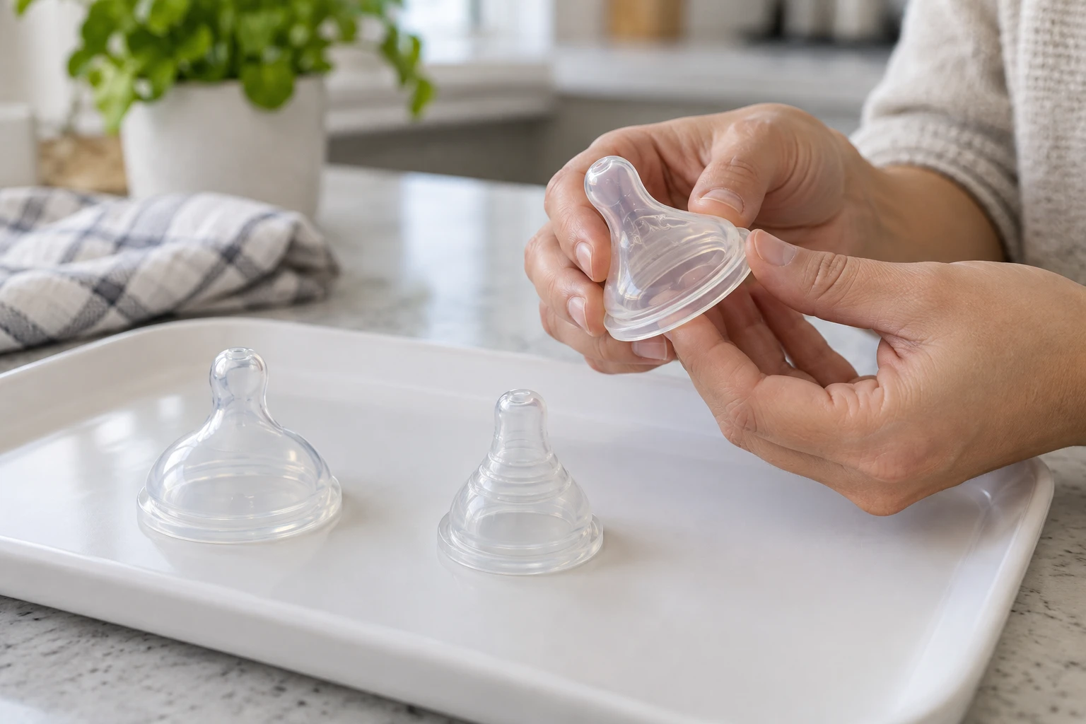 Hands inspect a silicone bottle nipple above a clean tray holding other nipples.