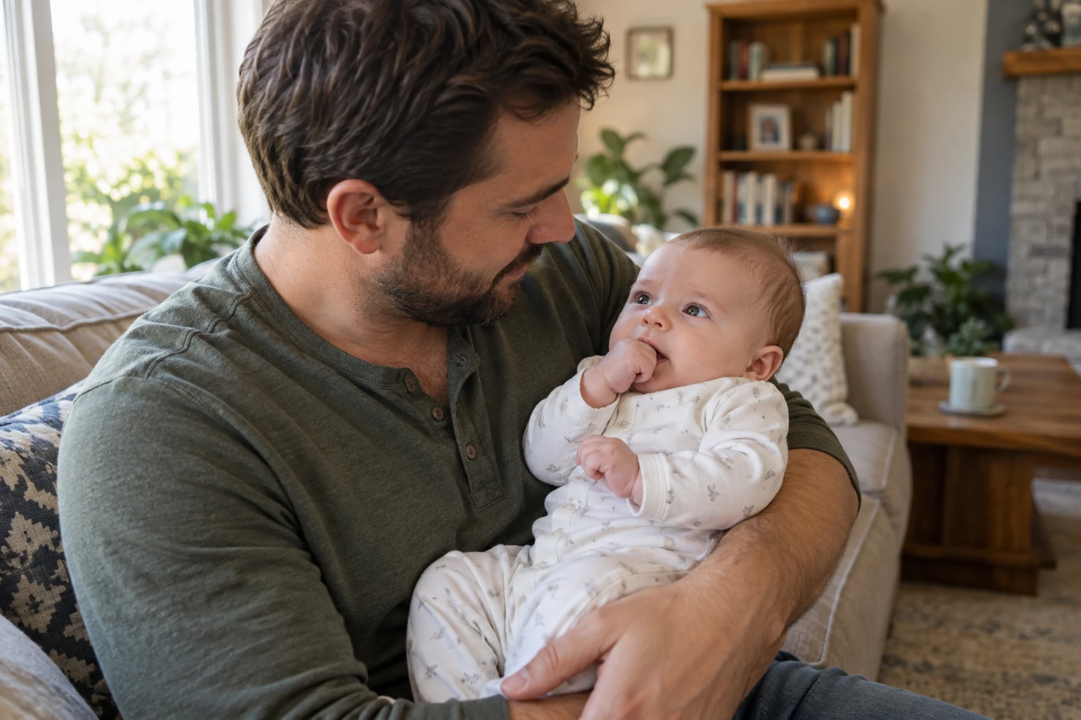 An alert infant brings a hand near the mouth while a caregiver holds them.
