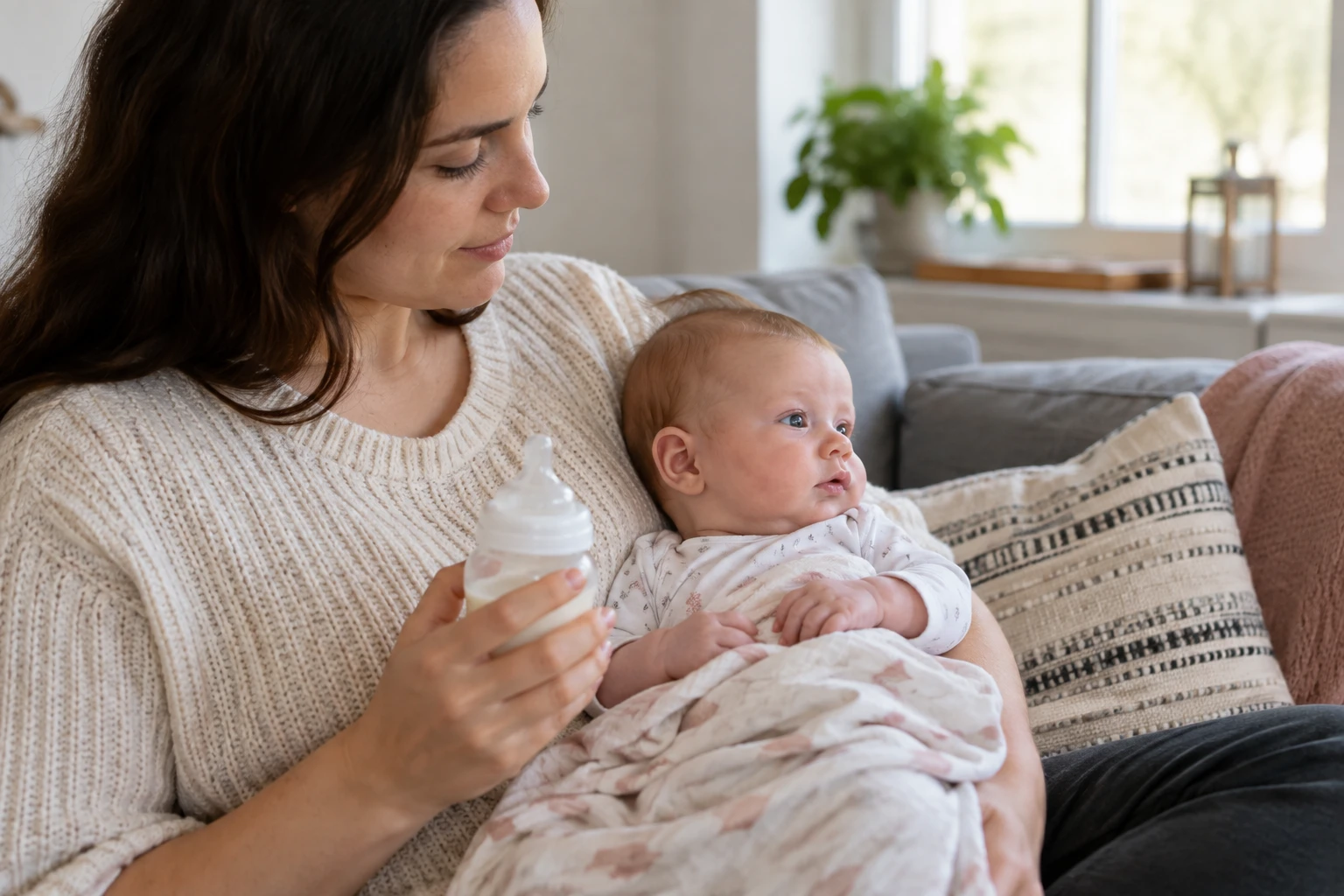 A caregiver holds a baby during a pause with the bottle away from the mouth.