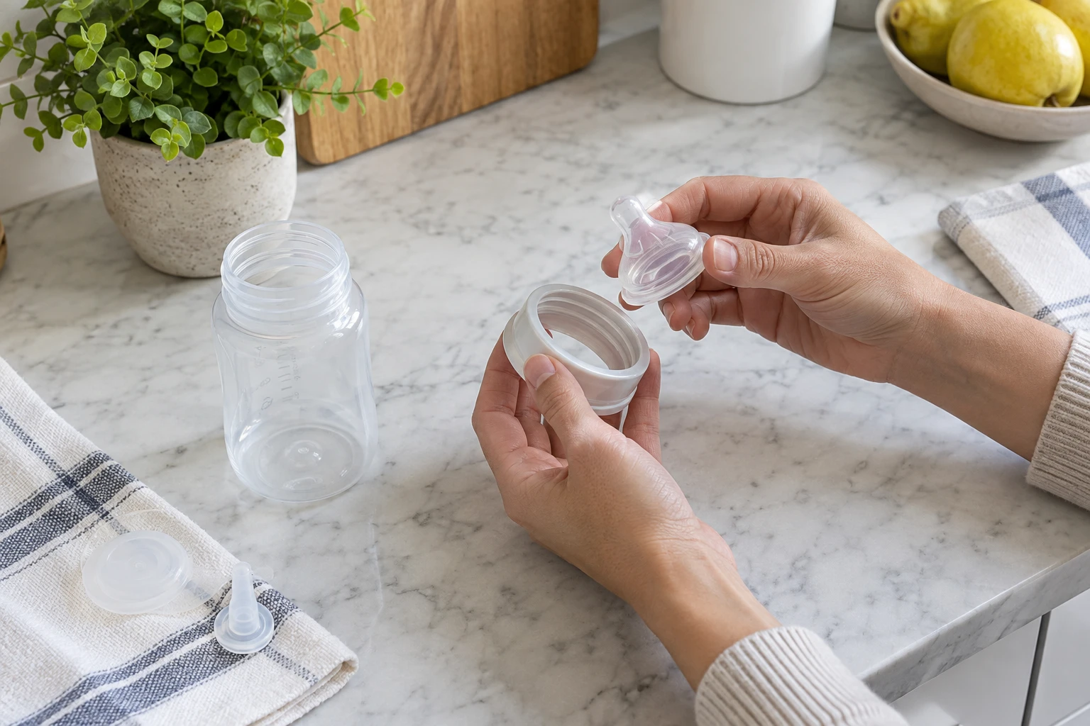 A caregiver examines the nipple and other bottle parts on a table.