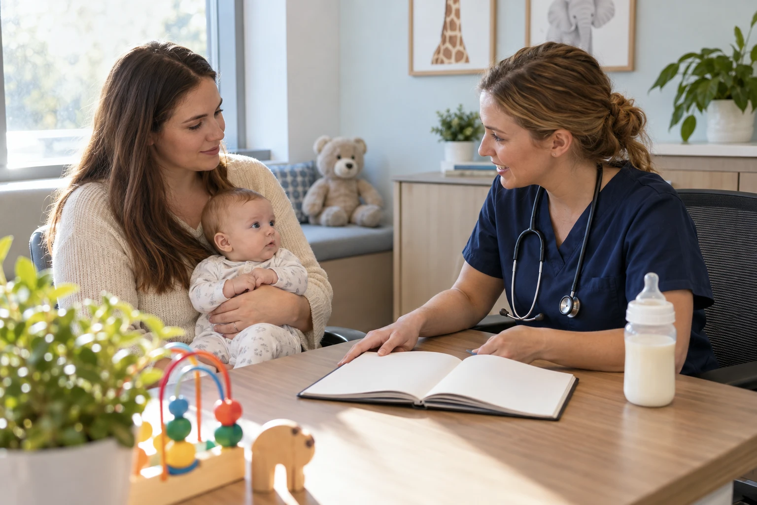 A caregiver holds a baby while talking with a clinician.