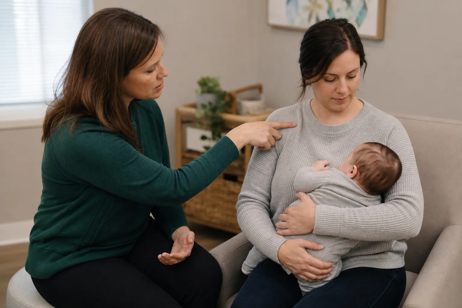Adult feeding specialist reviews infant body support with a caregiver