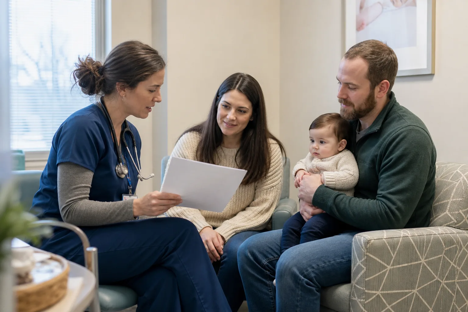 Adult feeding specialist reviews infant body support with a caregiver