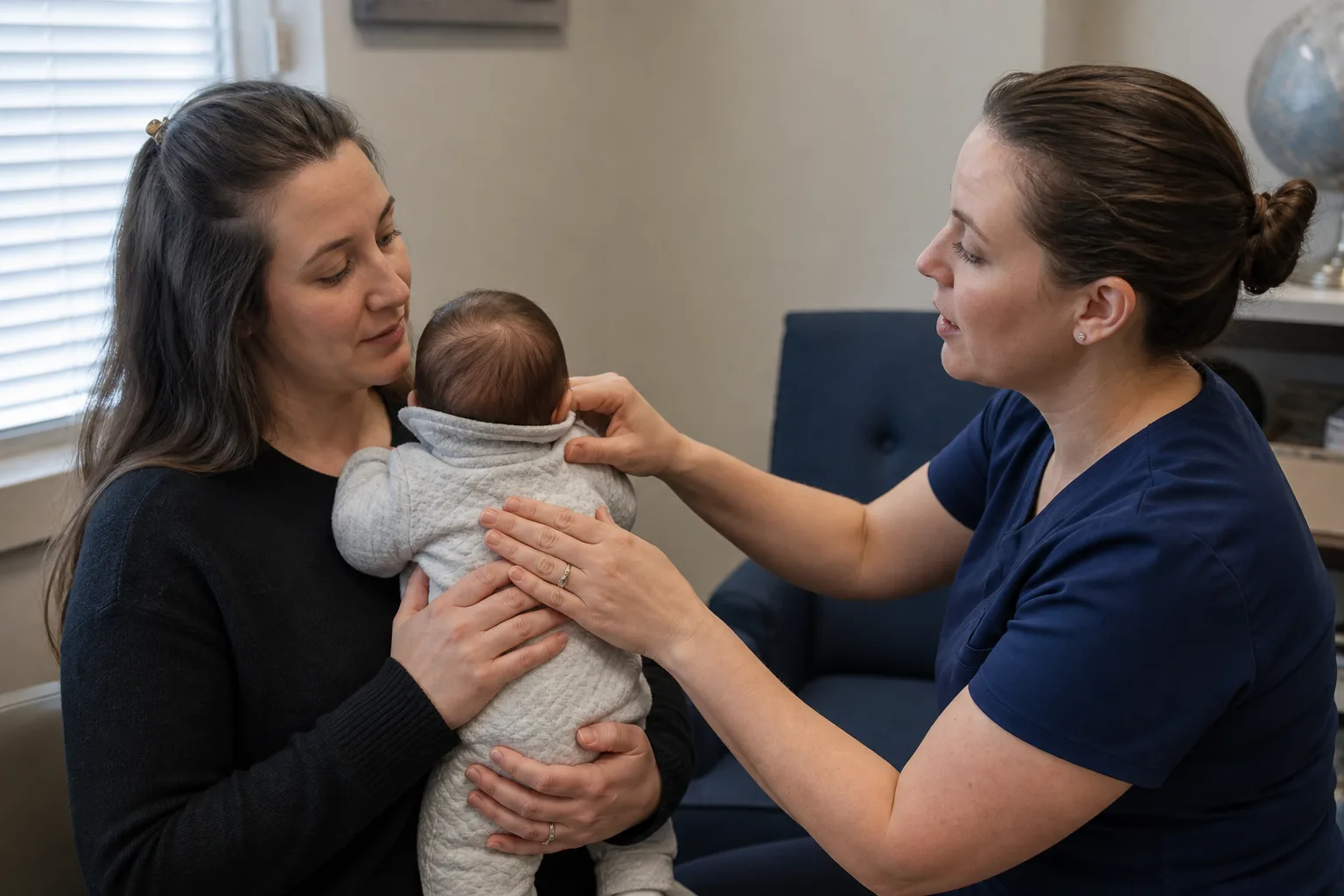 Adult feeding specialist reviews infant body support with a caregiver