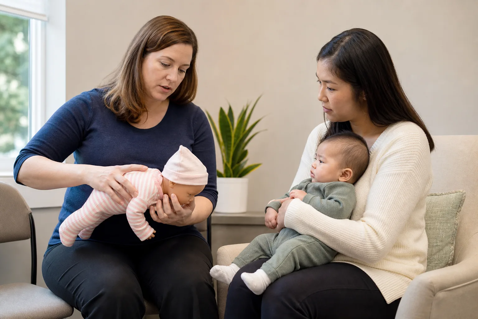 Adult feeding specialist reviews infant body support with a caregiver