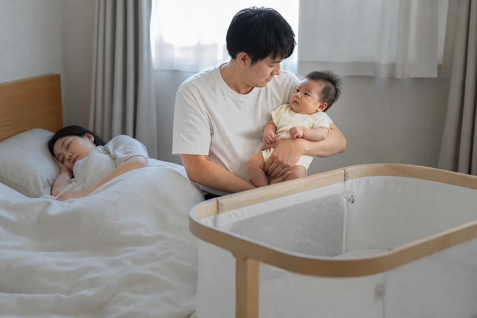 Photorealistic real-life scene with caregivers, a baby, and support people illustrating caregiver recovery and baby safety