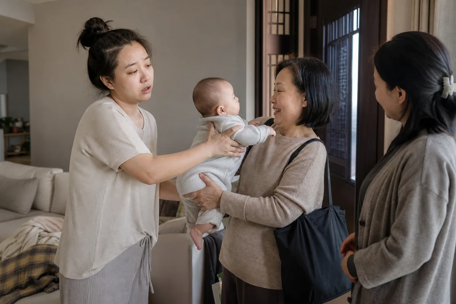 Photorealistic real-life scene with caregivers, a baby, and support people illustrating baby blues or postpartum depression