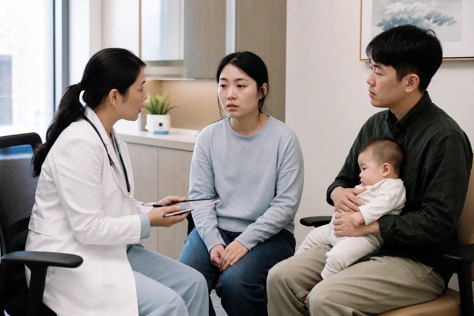 Photorealistic real-life scene with caregivers, a baby, and support people illustrating caregiver overload signs at home