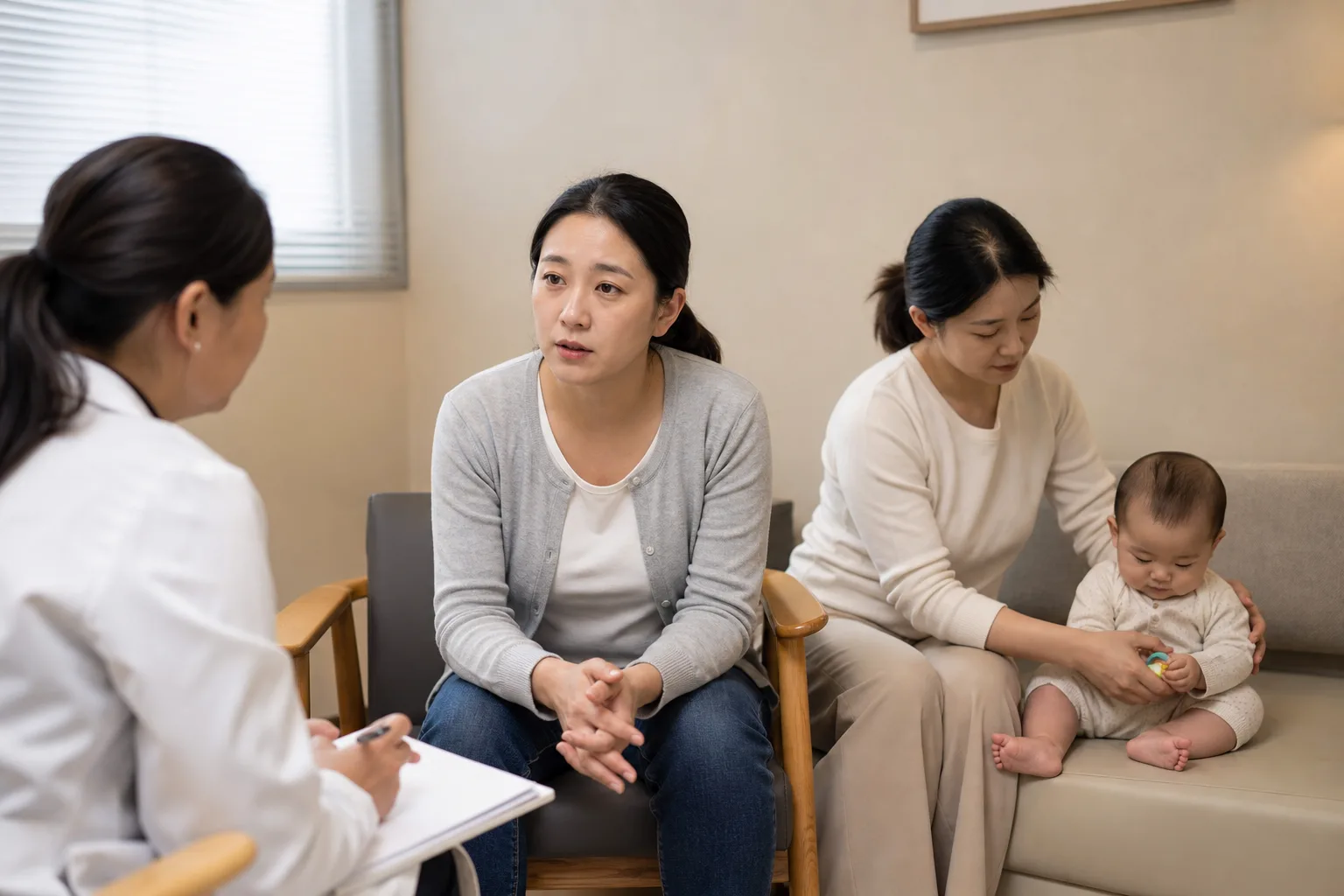 Photorealistic real-life scene with caregivers, a baby, and support people illustrating urgent help for caregiver mental health