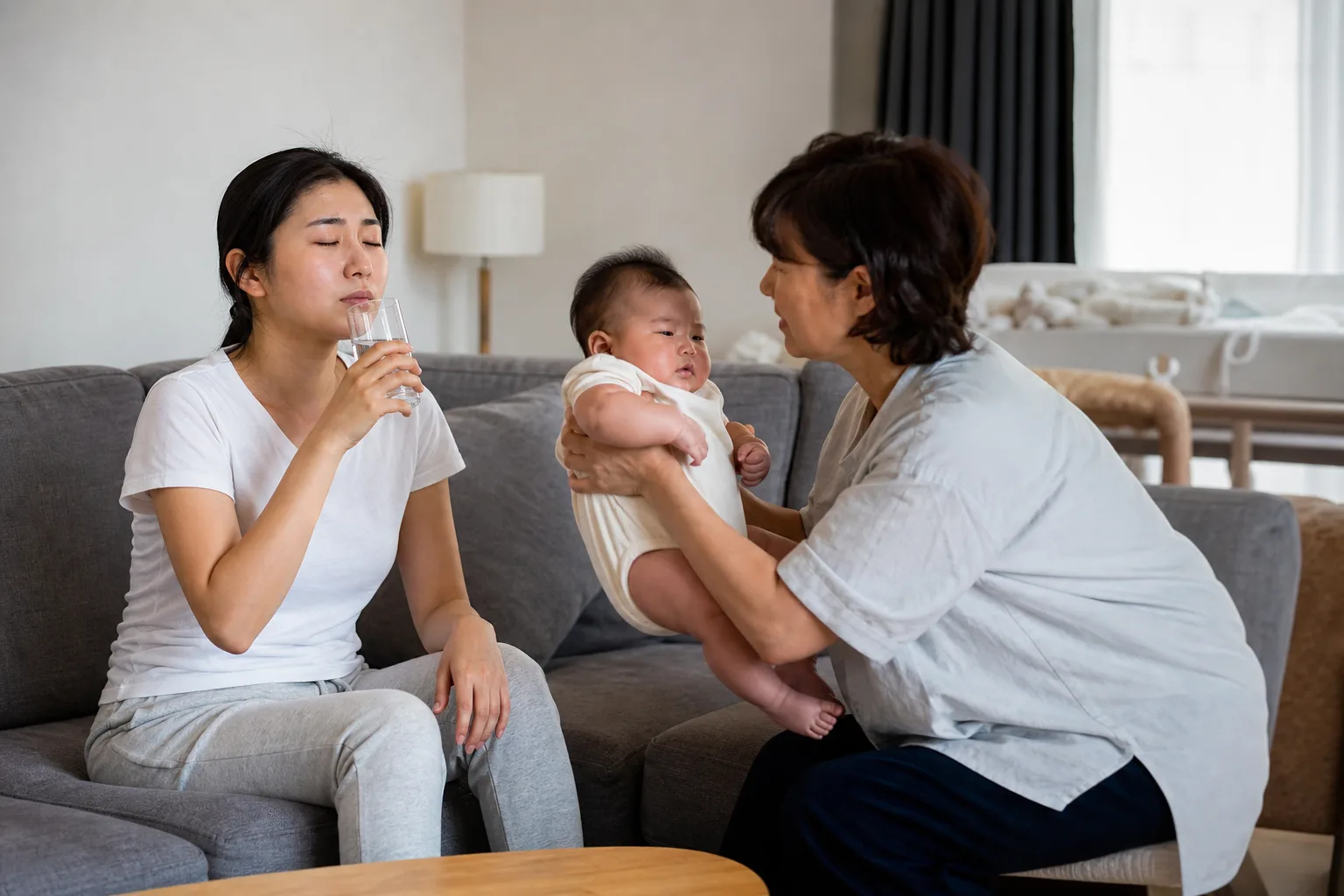 Photorealistic real-life scene with caregivers, a baby, and support people illustrating safe break when a baby is crying