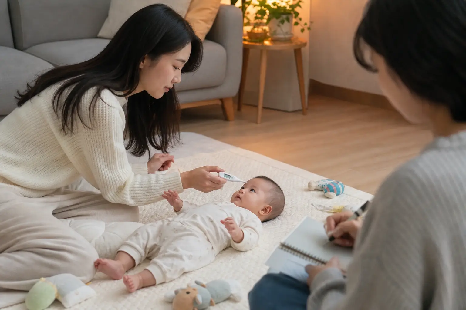 Compare the baby's behavior at daycare with recovery at home.