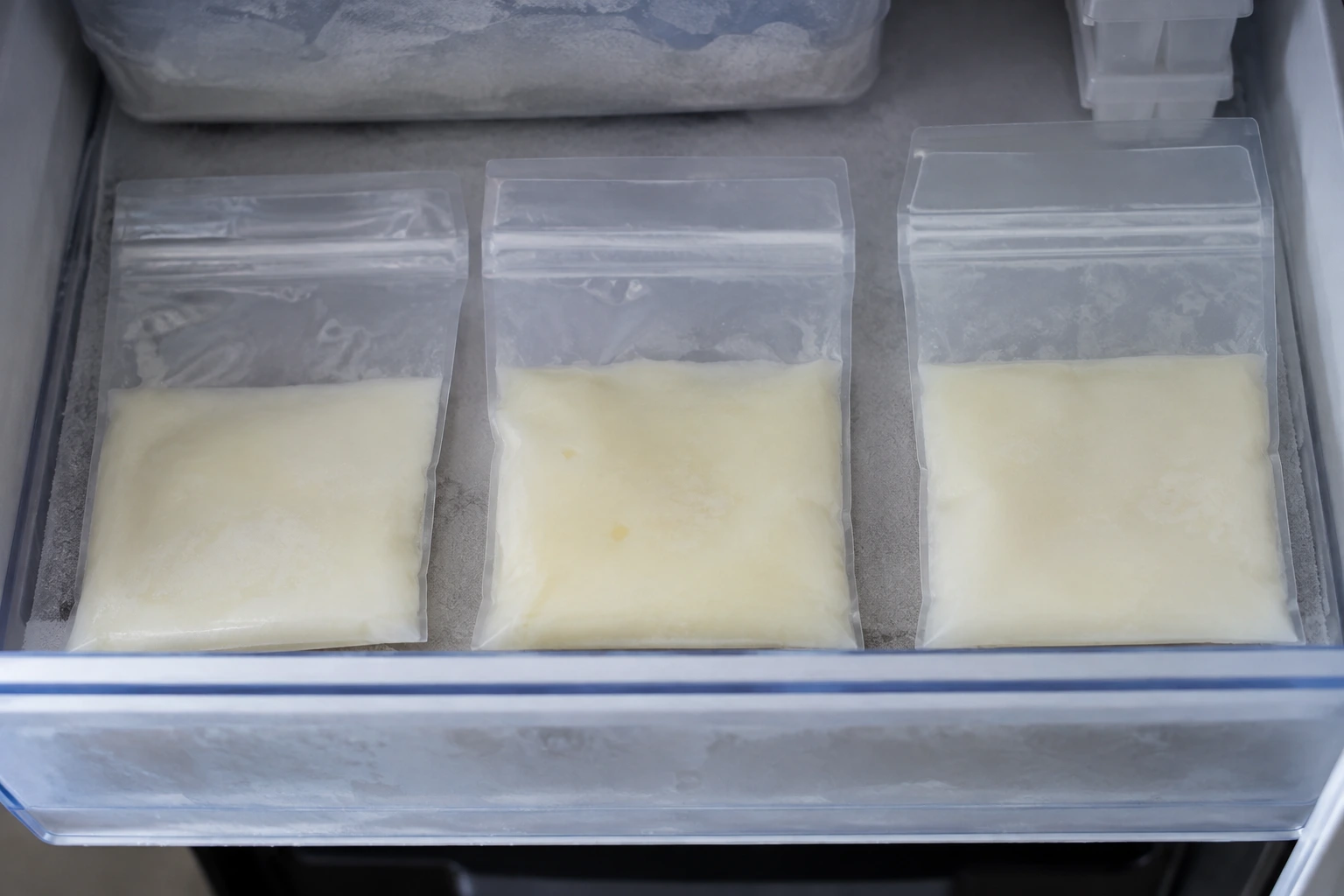 冷凍庫の引き出しに並ぶ少量ずつの密閉した母乳バッグ