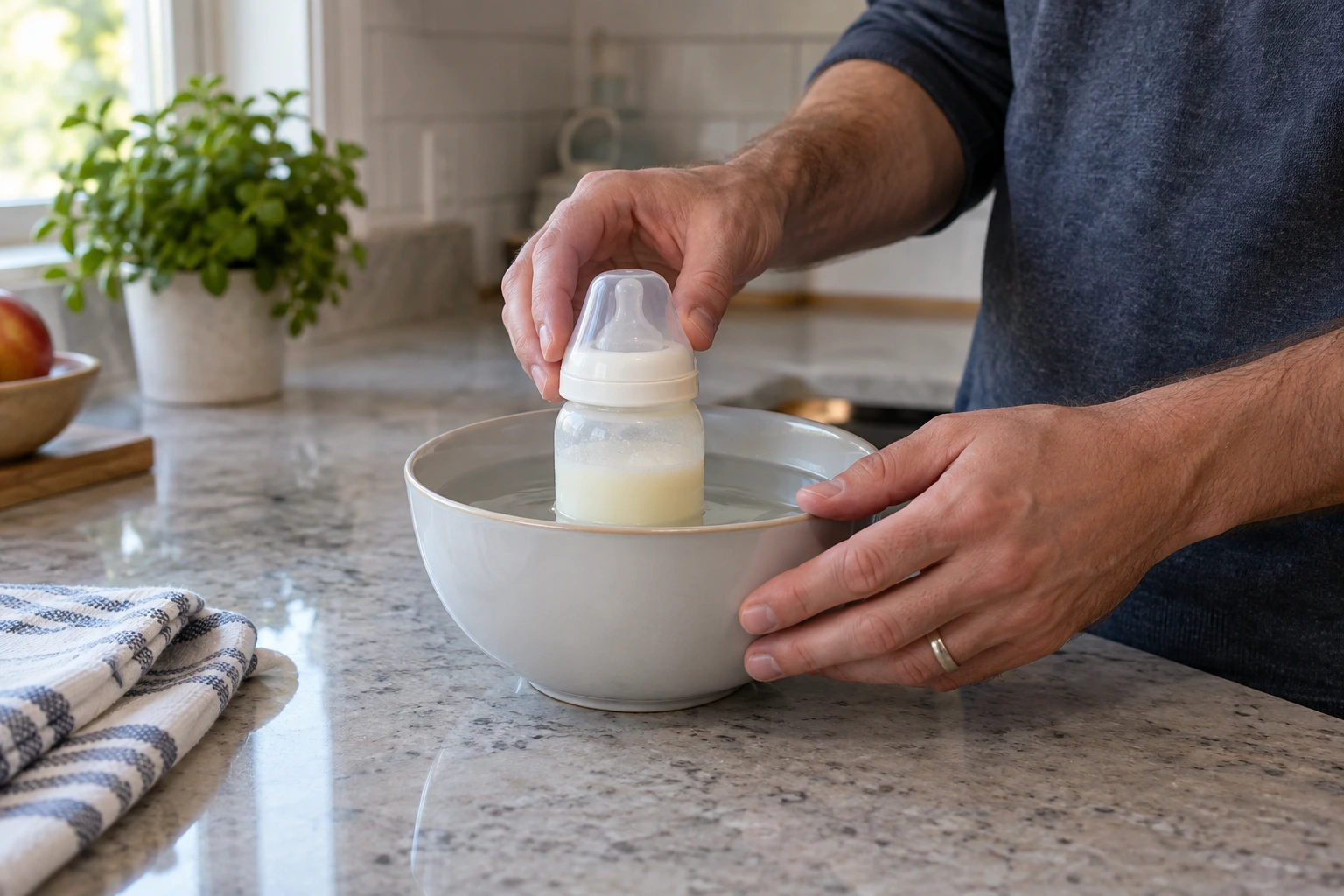 ふたを水面より上に出して水のボウルに立てた密閉母乳容器