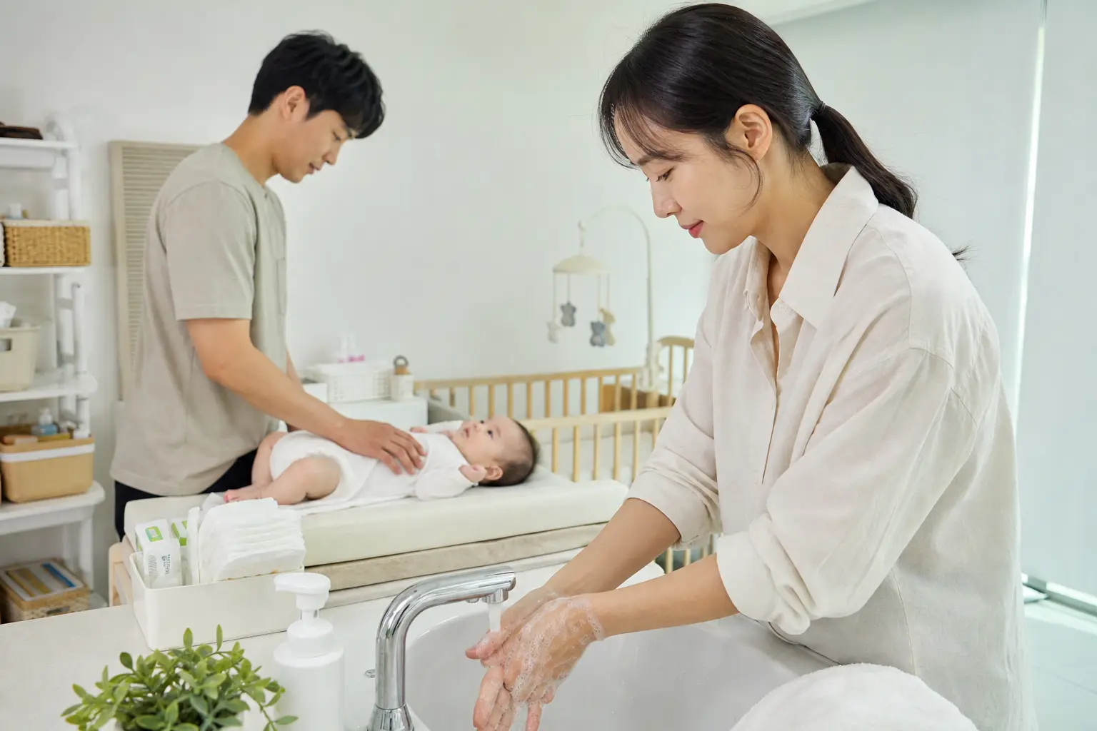 After a diaper change, keep the baby supervised while the adult washes.