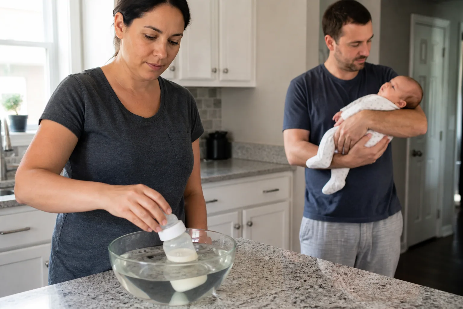 Adult caregivers carry out a clean formula preparation or clinical consultation task