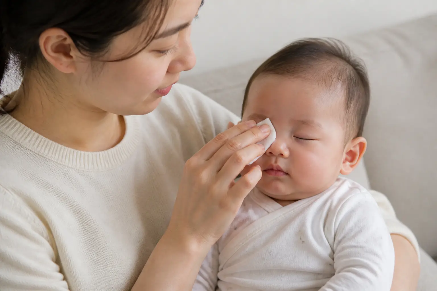 A fresh damp pad can lift crust from the eyelid without rubbing the eyeball.