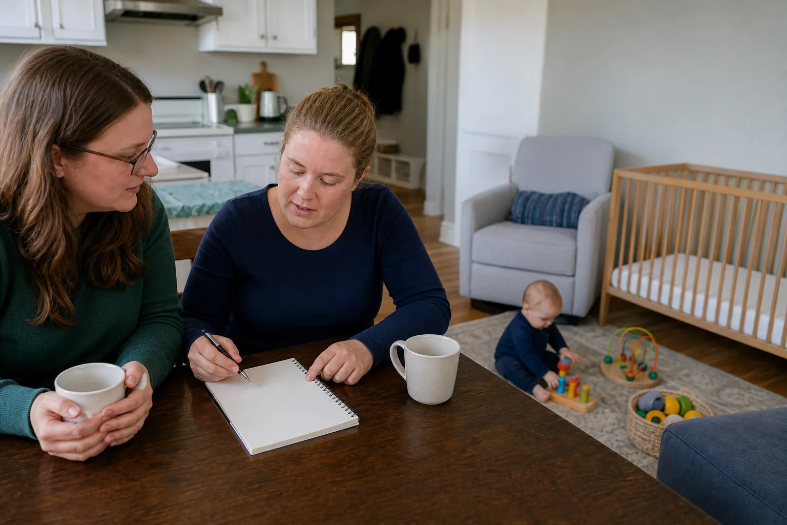 Adult caregivers observe an infant's nap cues and daily alertness in a realistic home or clinic