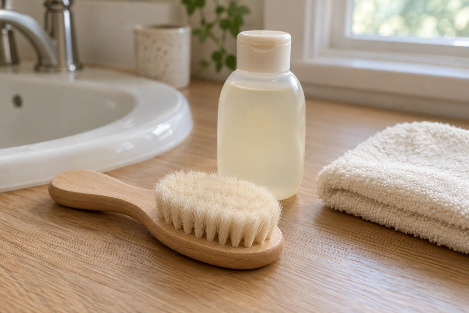 A soft baby brush, plain shampoo bottle and folded towel on a counter.