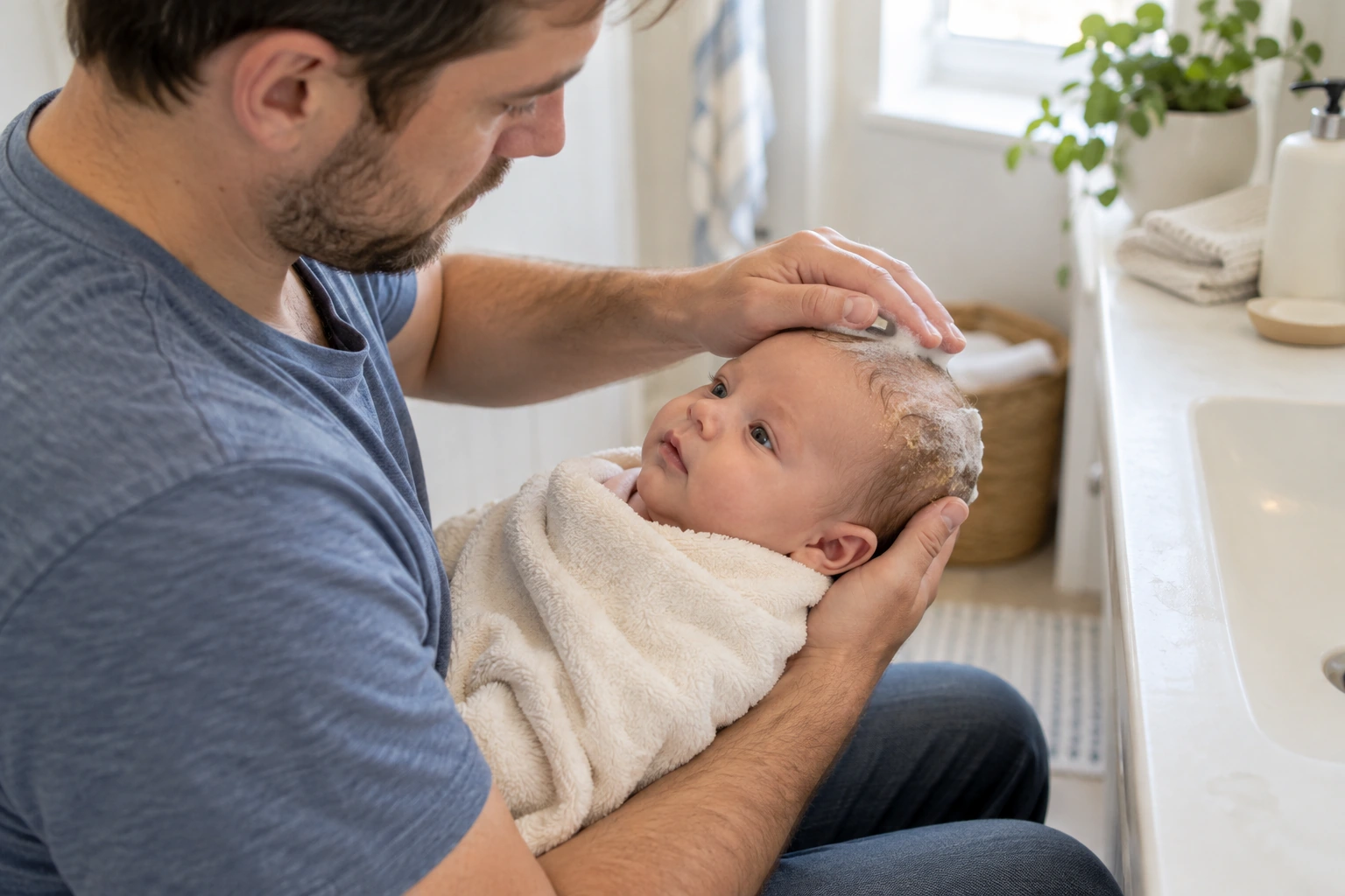 A caregiver supports a baby while washing the crown.