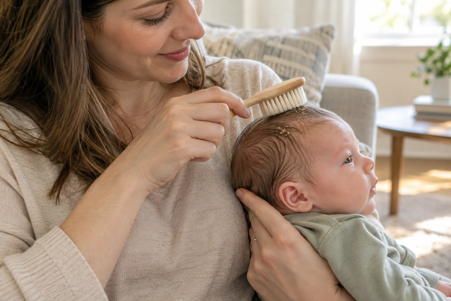 A soft brush rests lightly against the scalp of a supported baby.