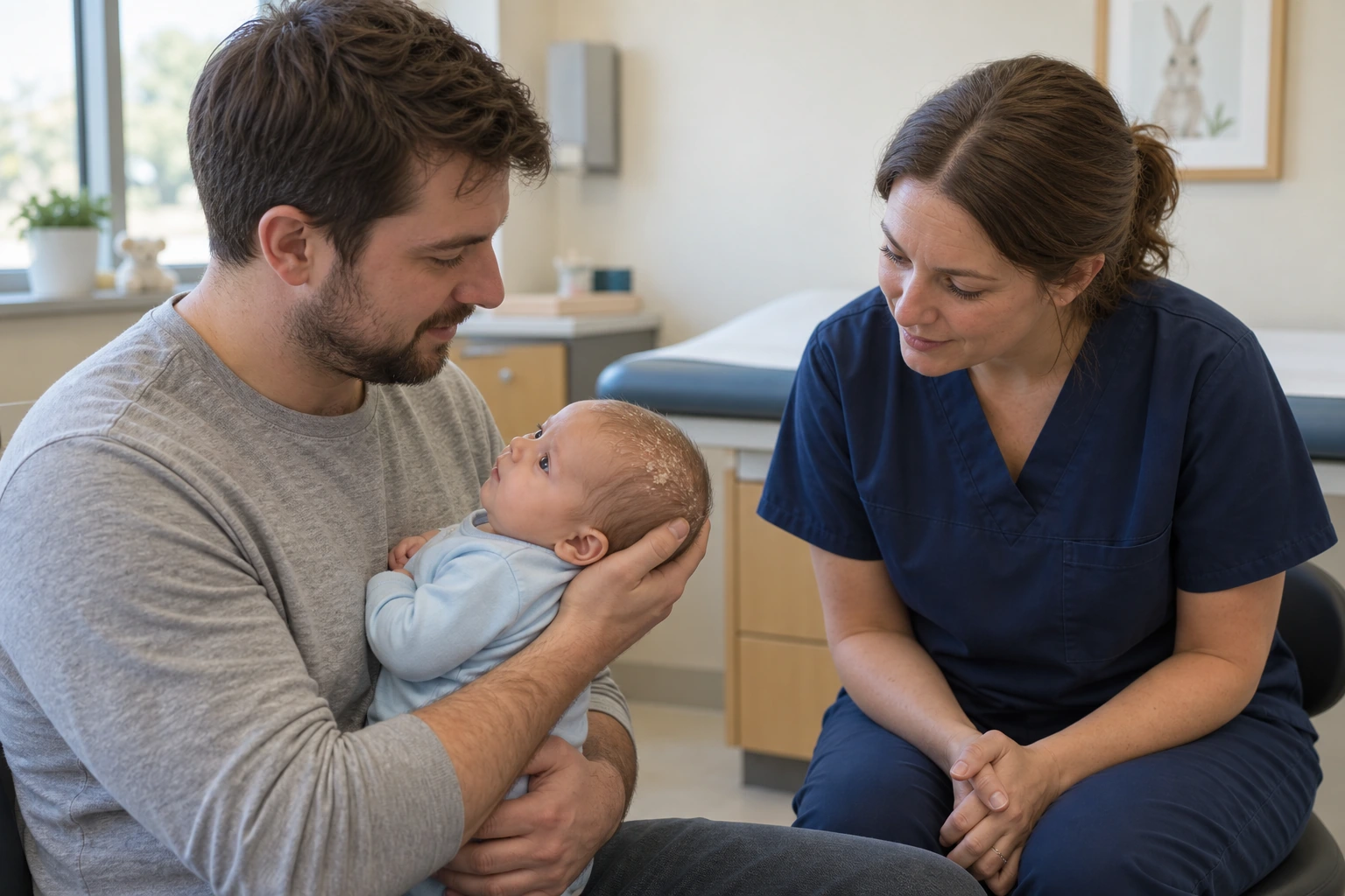 A parent holds a baby while speaking with a clinician.