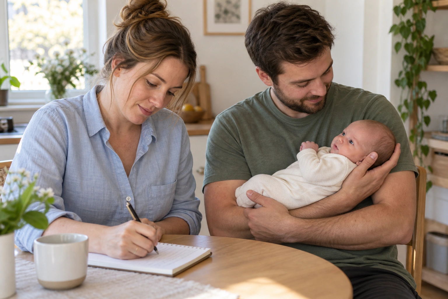 A caregiver writes a note beside a baby supported by another adult.