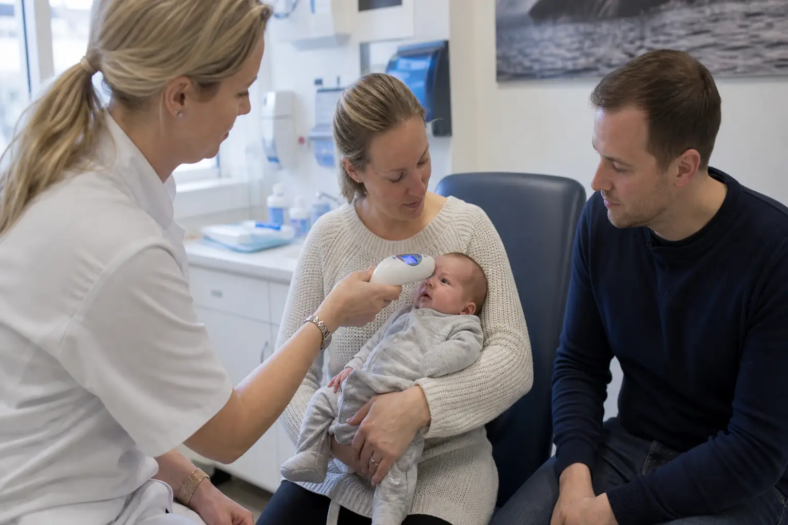 A clinician measures bilirubin with a transcutaneous device.