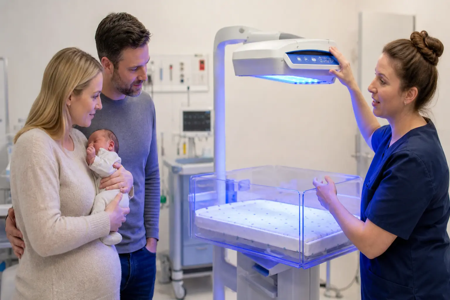 A clinician explains controlled medical phototherapy to the family.