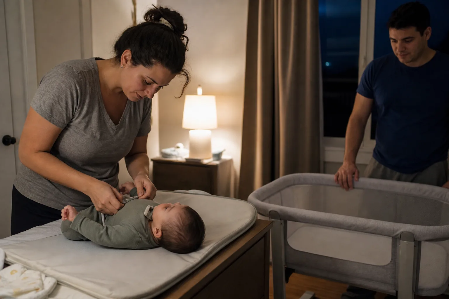 Awake adult caregivers observe an infant's night waking, feeding, or breathing in a realistic safe home or clinic setting