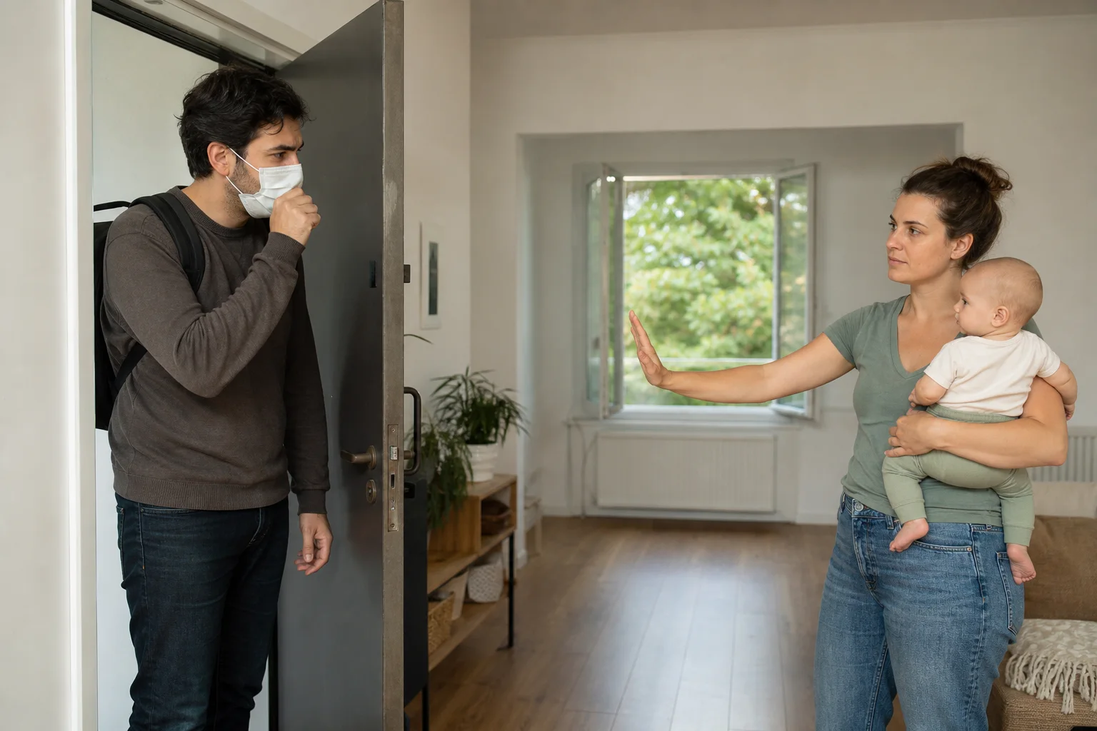 A masked coughing visitor remaining at the doorway while a parent keeps the baby several meters away
