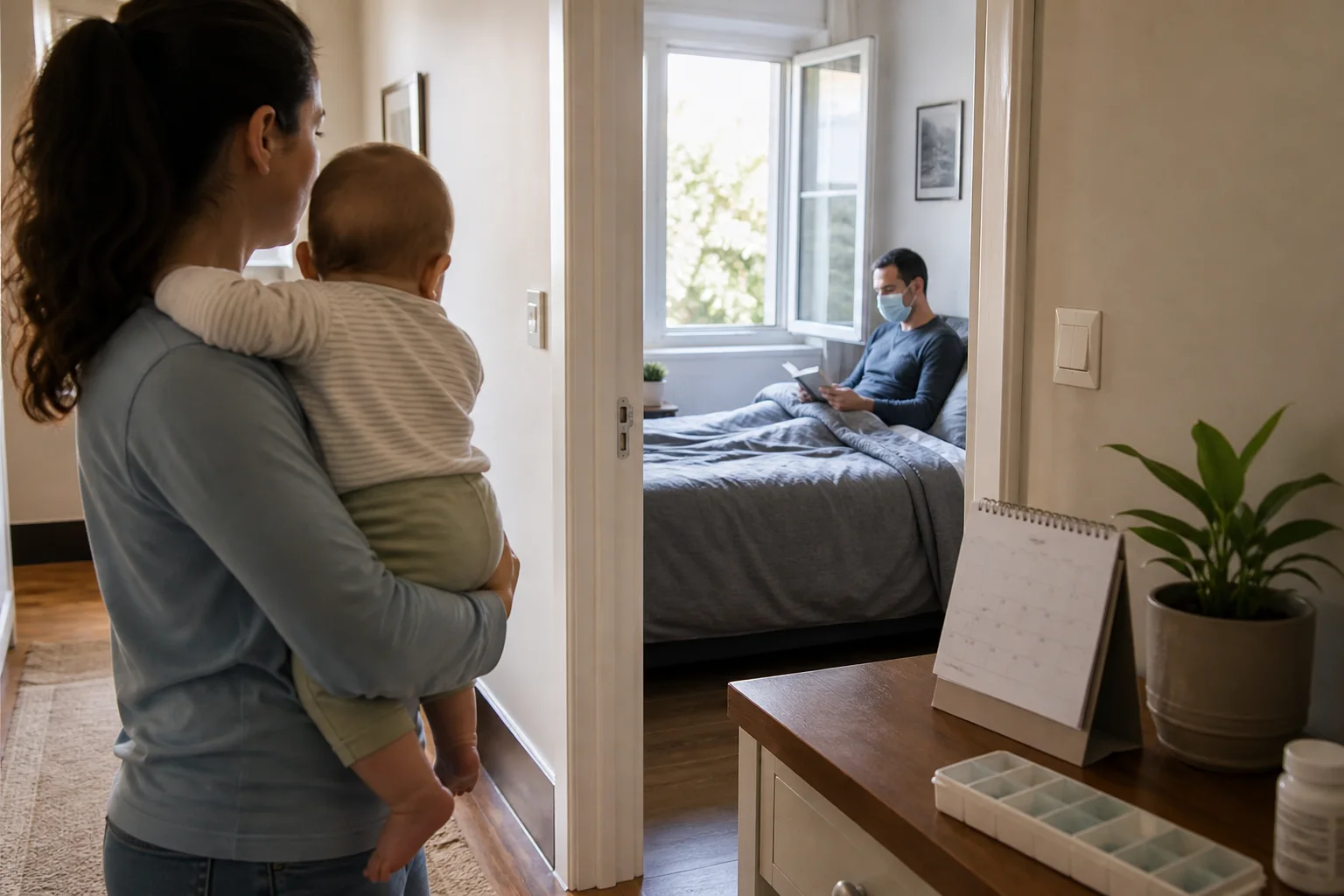 A masked adult resting in a separate ventilated room while another adult keeps the baby at a distance near a calendar