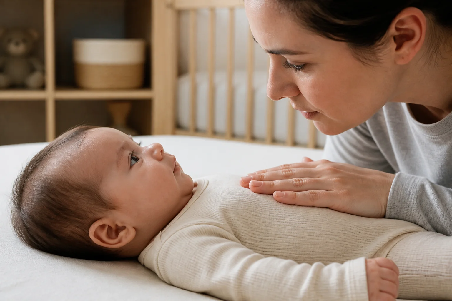 A parent closely observing an awake infant's breathing, skin color, and alertness