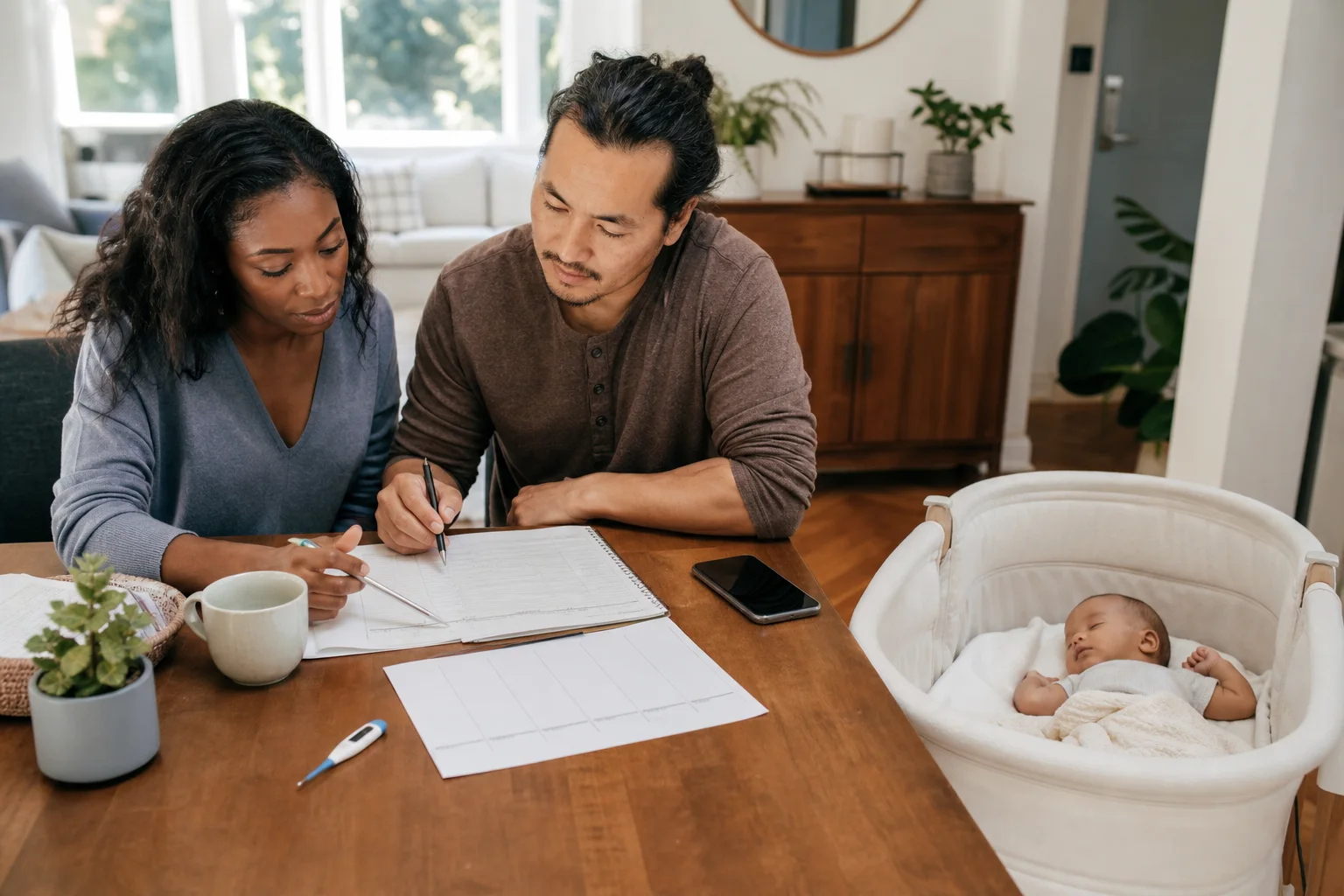 Two parents organizing an infant preventive-care record and symptom timeline while their baby rests nearby