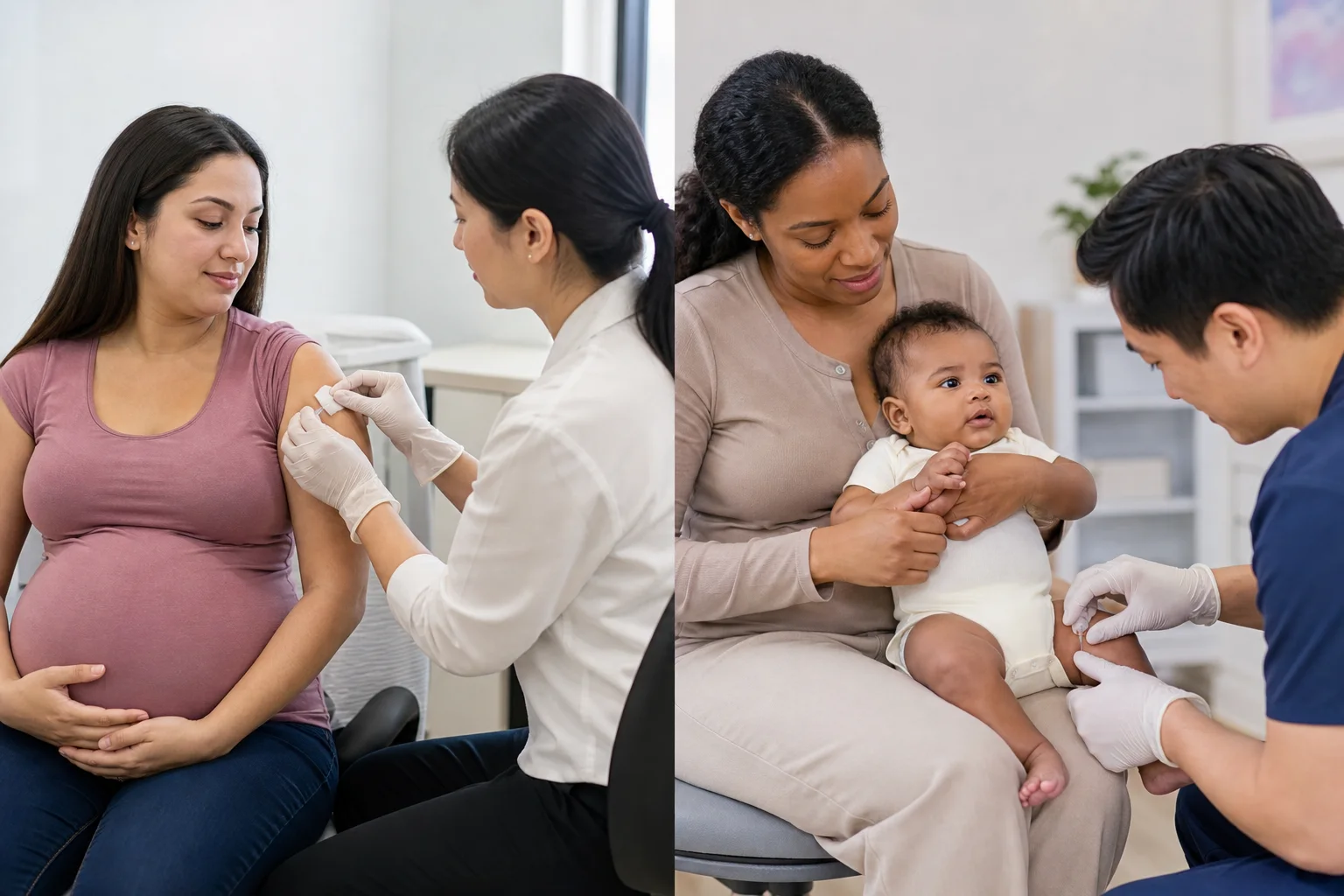 Pregnancy Tdap in the upper arm and routine infant DTaP in the thigh shown in two clinical scenes