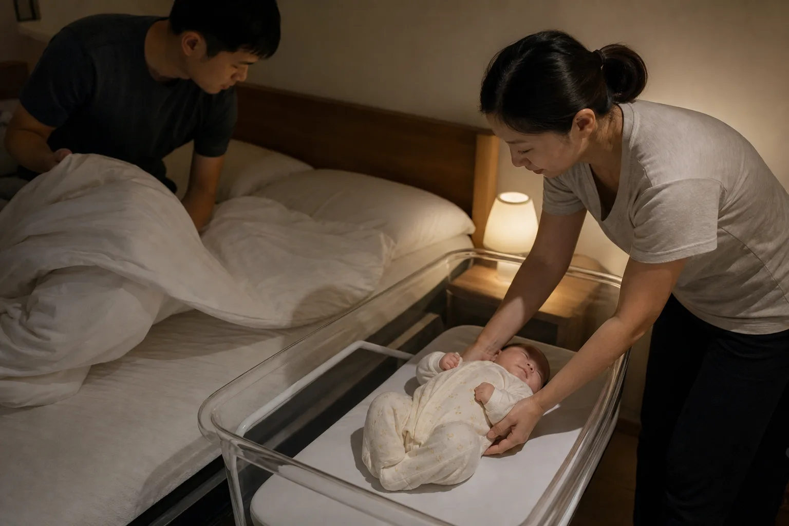 Adult caregivers use a realistic safe infant sleep routine with a clear firm flat sleep surface