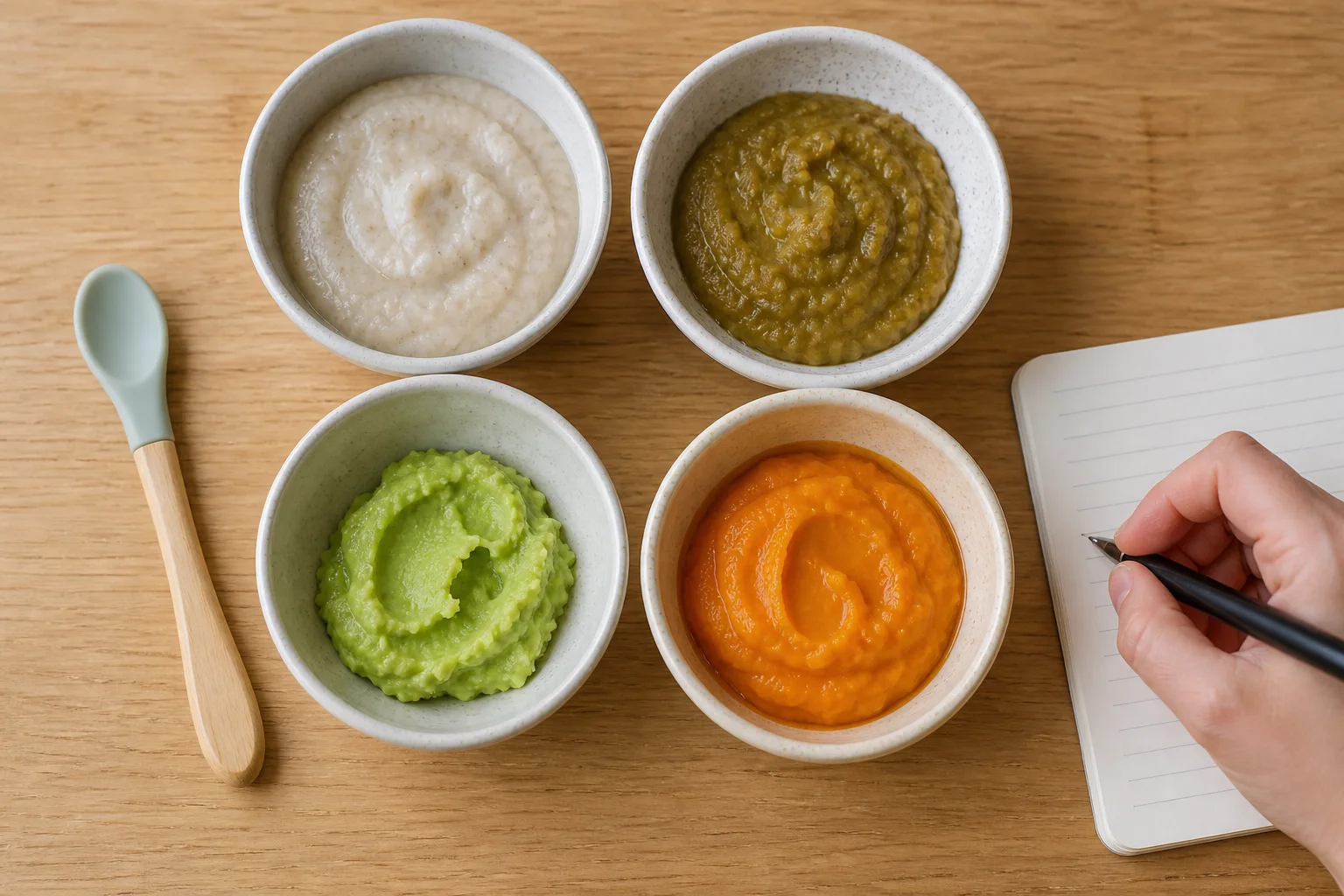 Smooth oat cereal, pureed lentils, mashed avocado, and sweet potato in separate small bowls