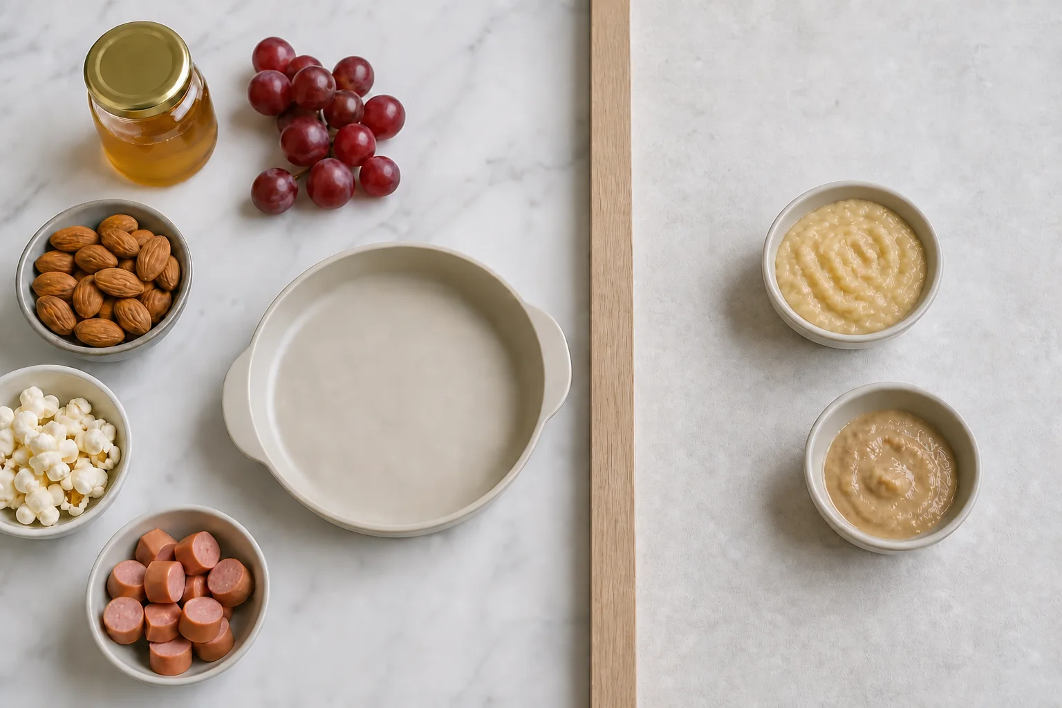Honey, whole grapes, nuts, popcorn, and sausage pieces separated from mashed banana and thinned nut puree