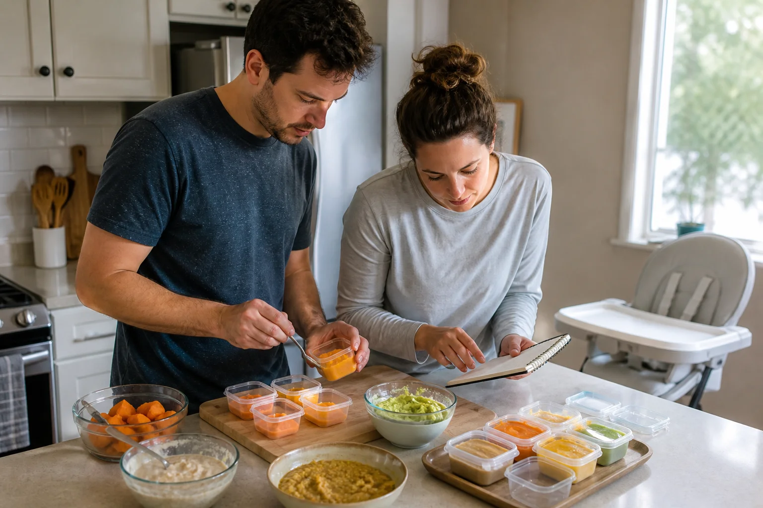 Two parents preparing several small portions of single-ingredient purees and recording their first-week meal plan