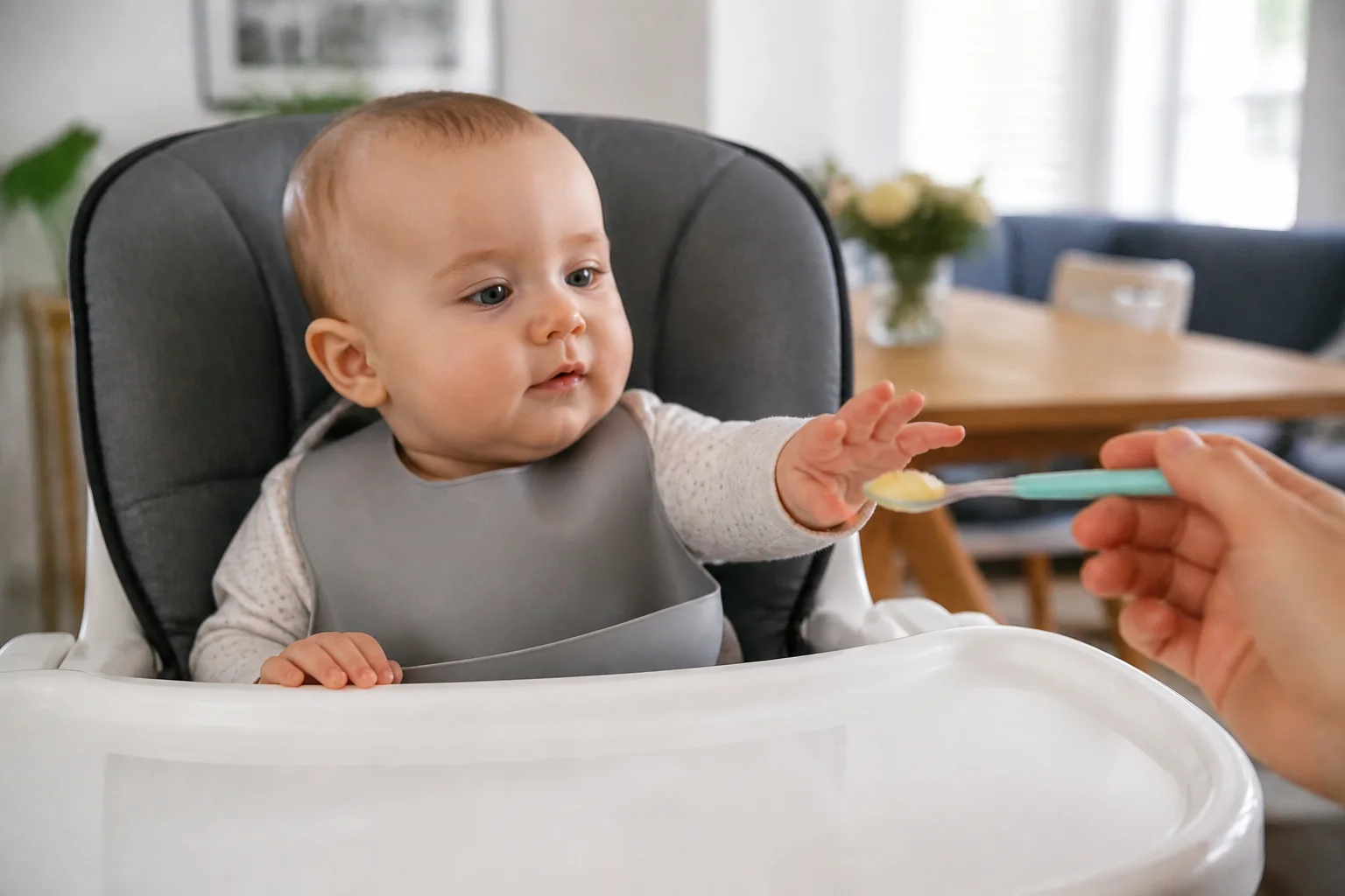 A baby holding the head steady, sitting upright with support, and reaching toward a soft spoon